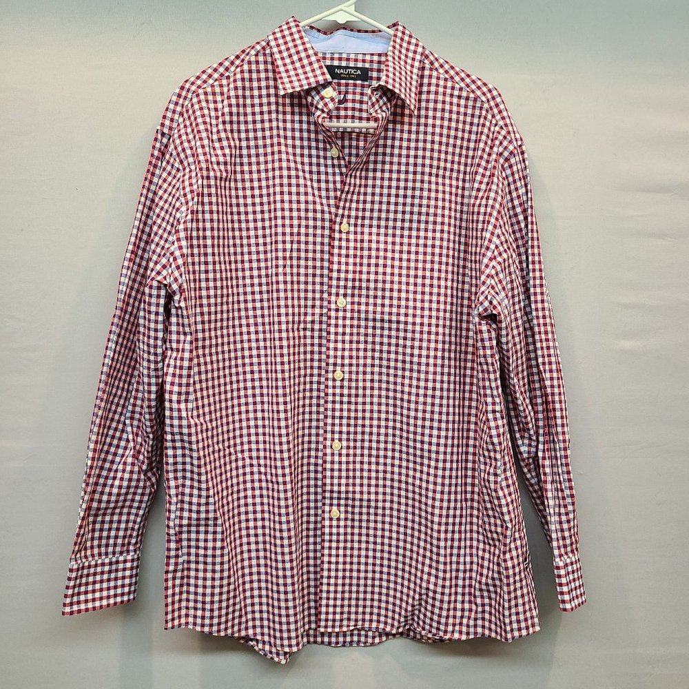 Nautica Dress Shirt Red Blue Button Down Long Sleeve Mens 16 32 33